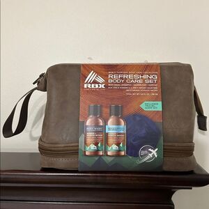 RBX Rugged Brown Brass Tone Faux Leather Toiletry Travel Bag Dopp Kit